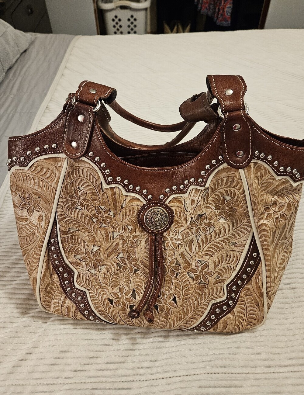 American West Hand Tooled Floral Leather Tote Bag in Two Toned Brown and Tan.